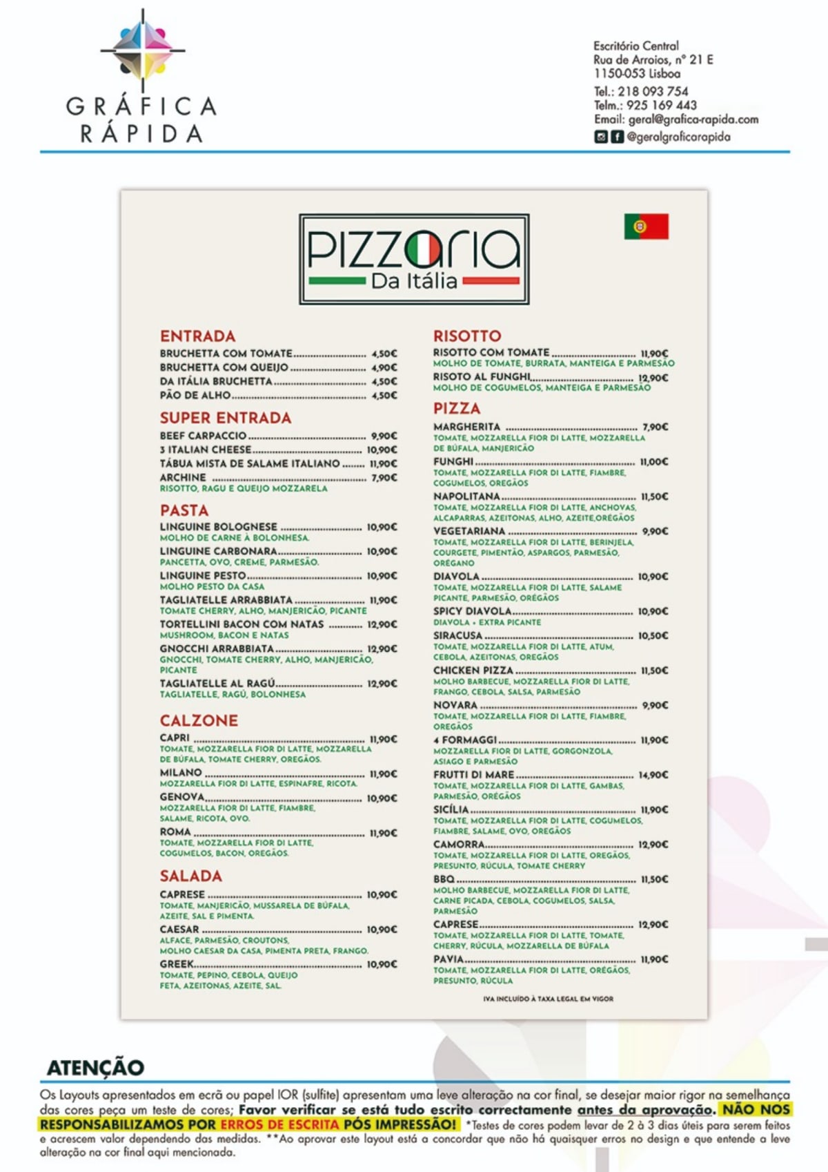 Pizzaria da Itália menu