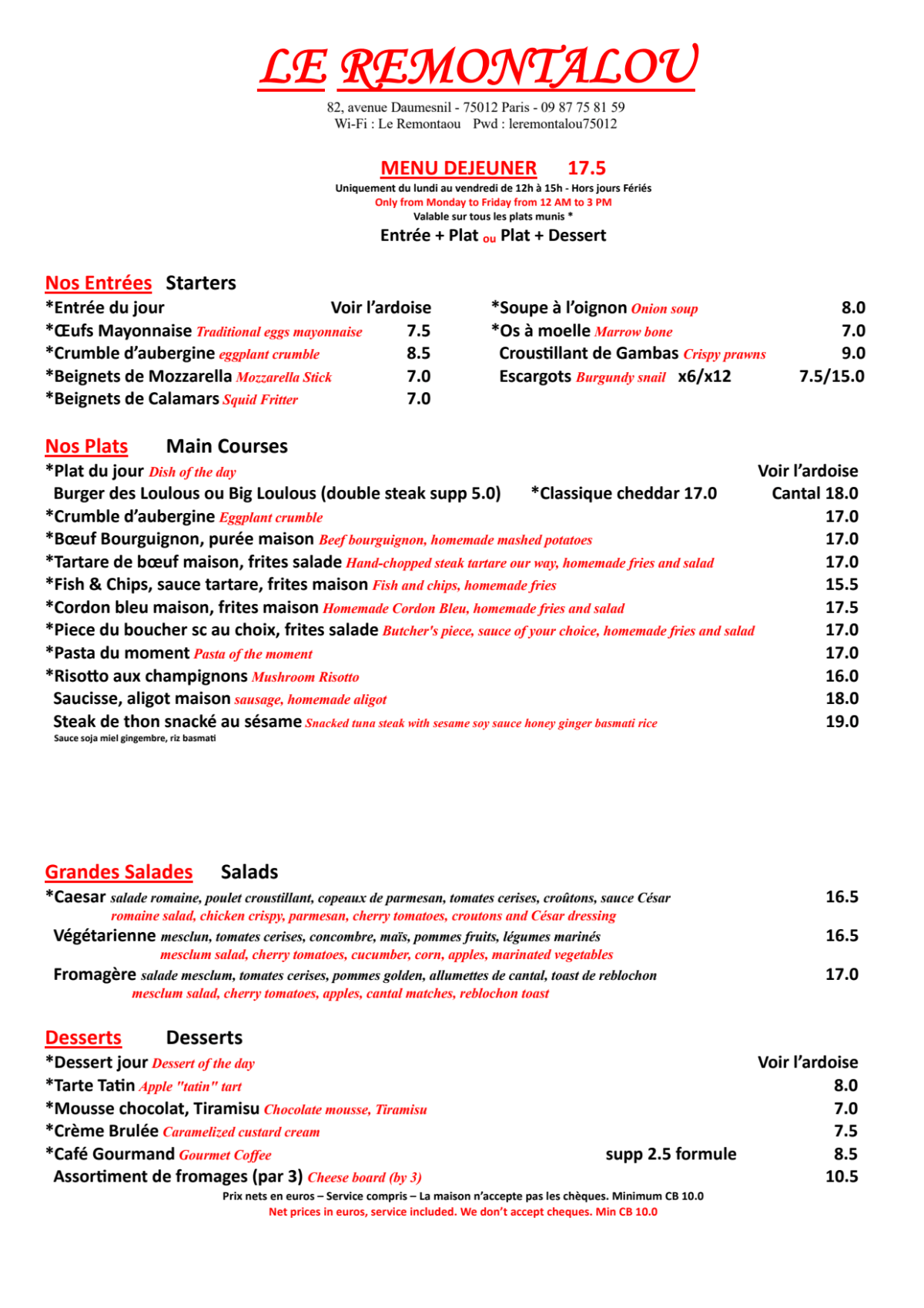 Le Remontalou menu