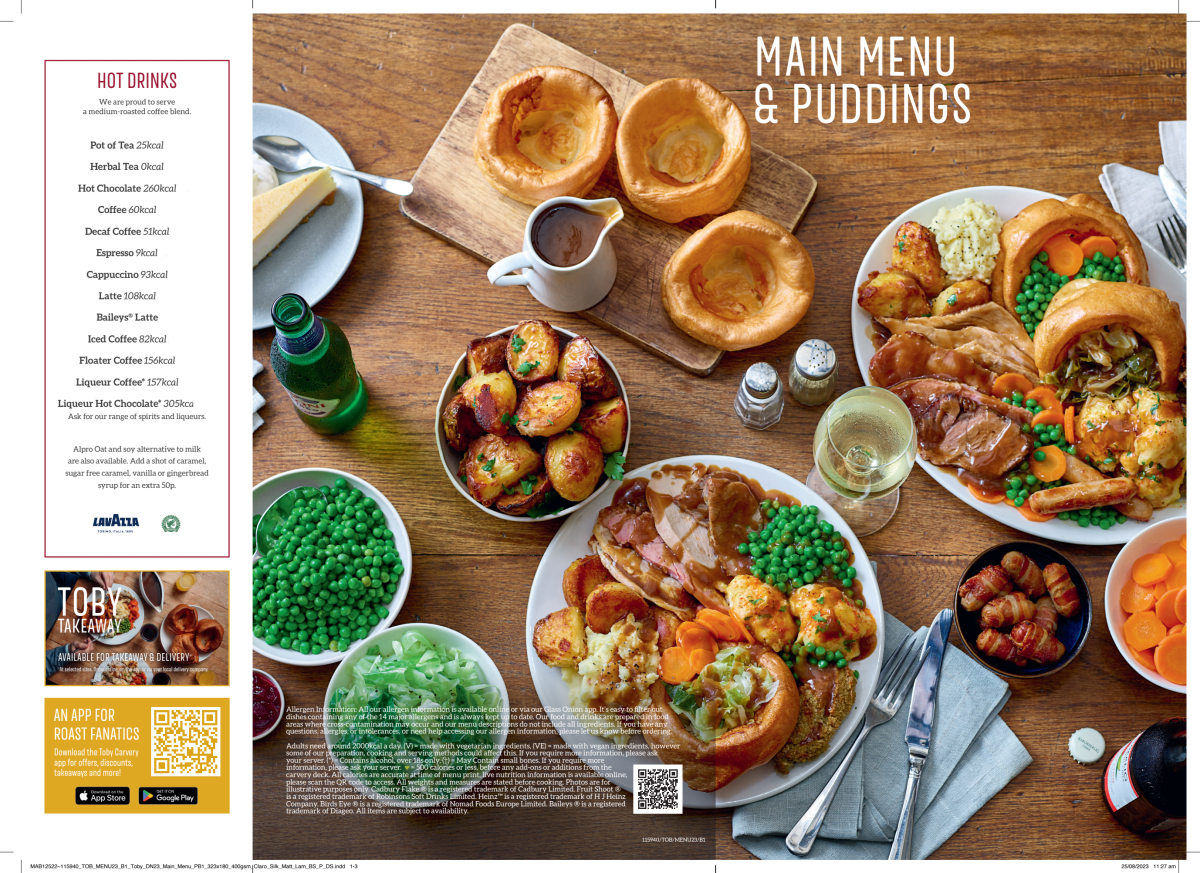 Toby carvery hot sale menu
