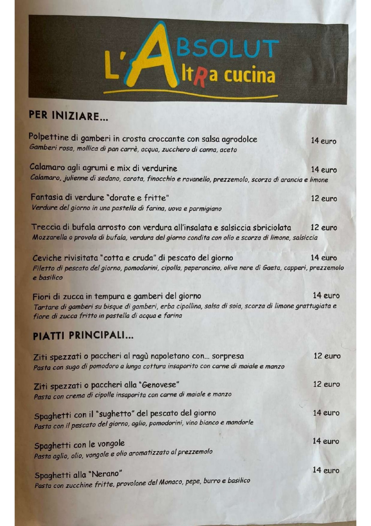 ABSOLUT L'AltRa Cucina menu