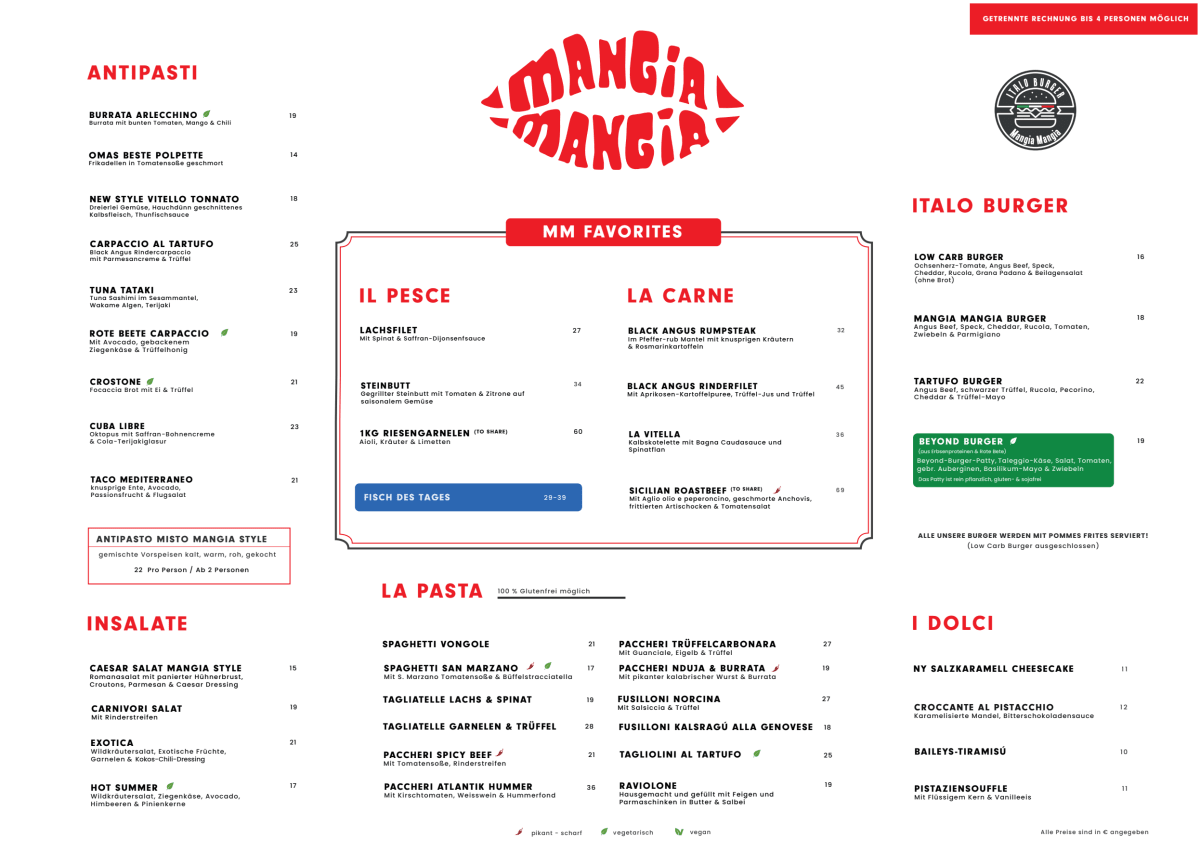 Carte et Menus 2024 Mangia Mangia Frankfurt à FrancfortsurleMain