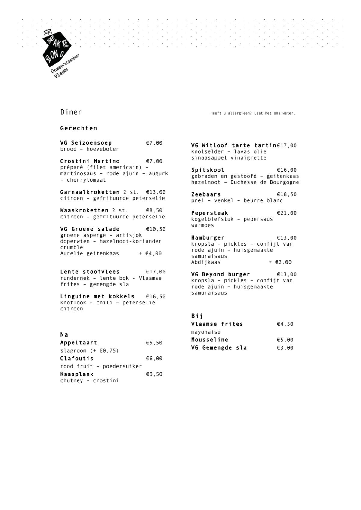 Eetcafé de Brakke Grond menu