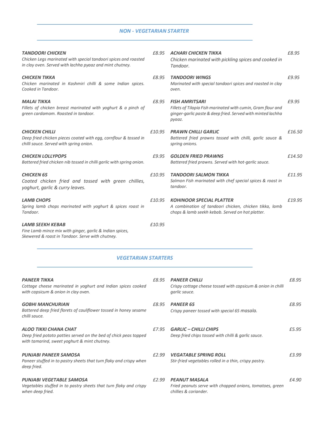 Carte et Menus 2024 Kohinoor Indian Cuisine à Southall TheFork