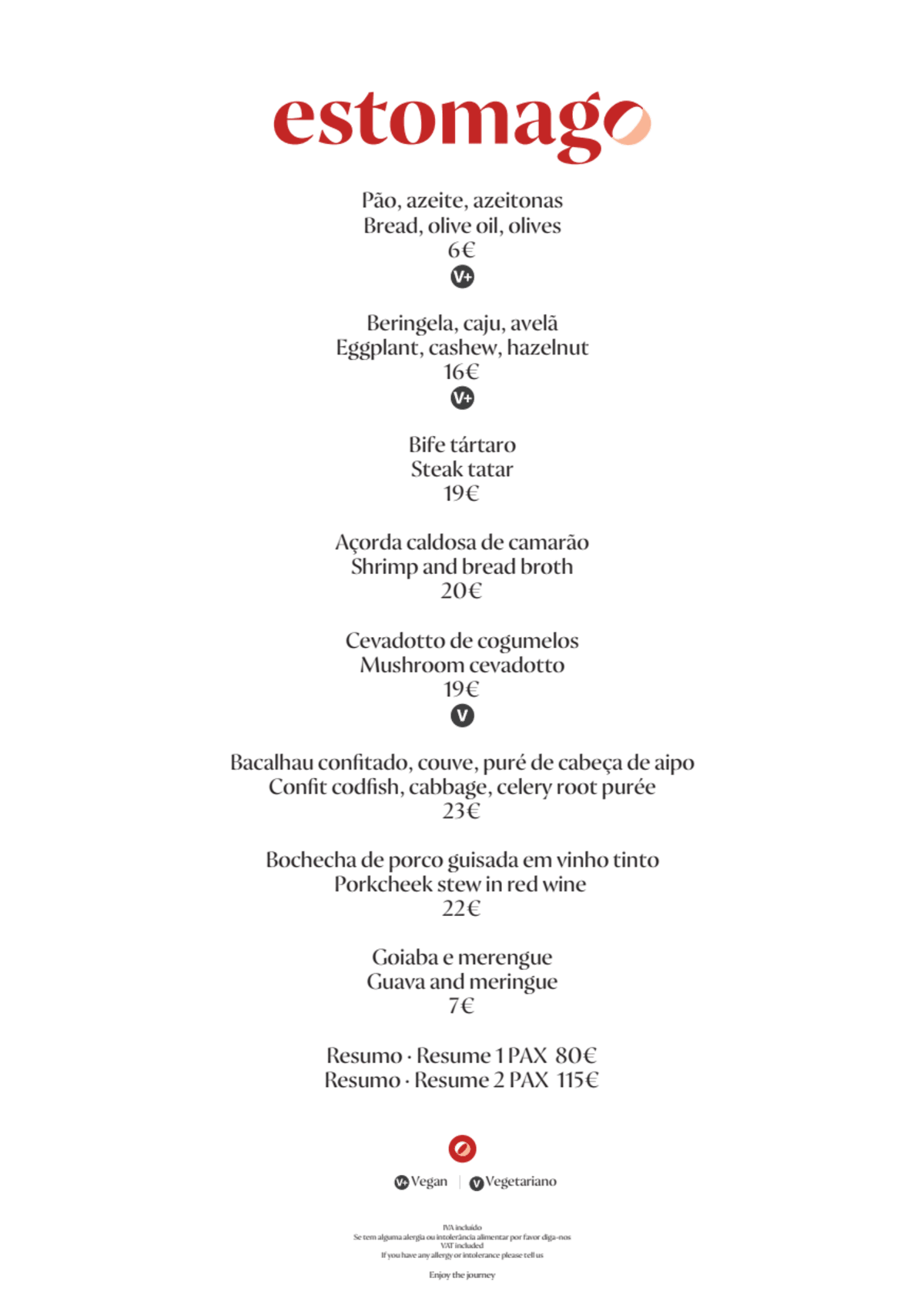 Menu 2024 Estômago in Porto TheFork