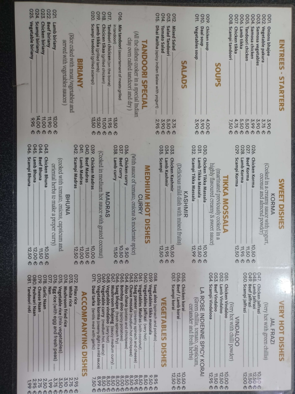 La Rose Indienne menu