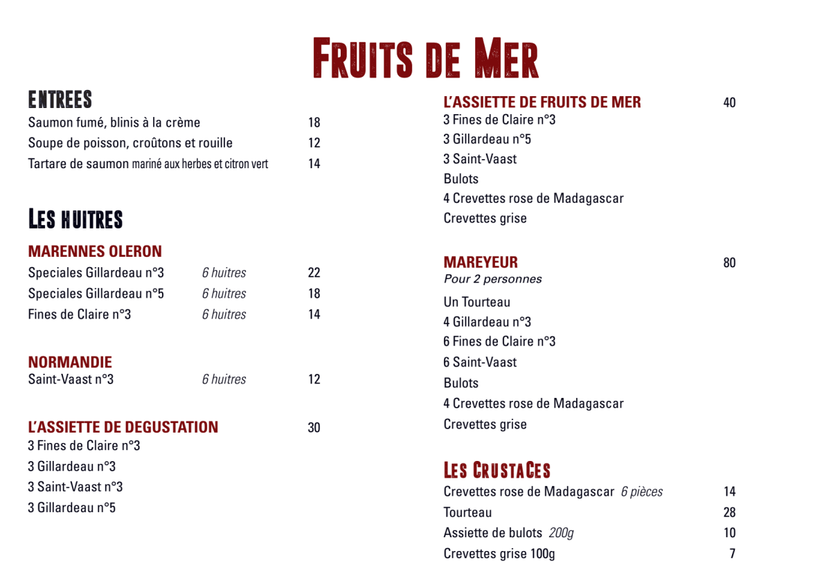 Huîtrerie Stéphanie menu