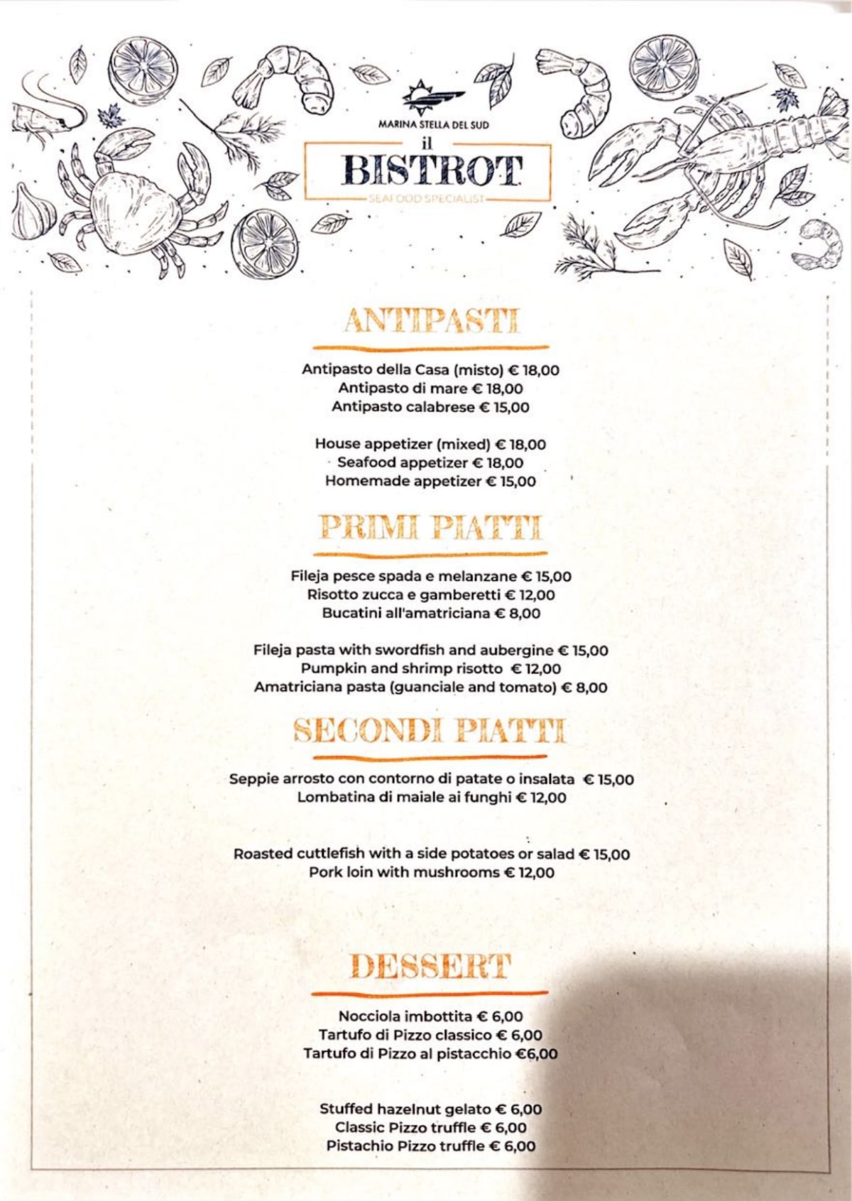 Carte et Menus 2024 Marina Stella del Sud Bistrot à Vibo Marina TheFork