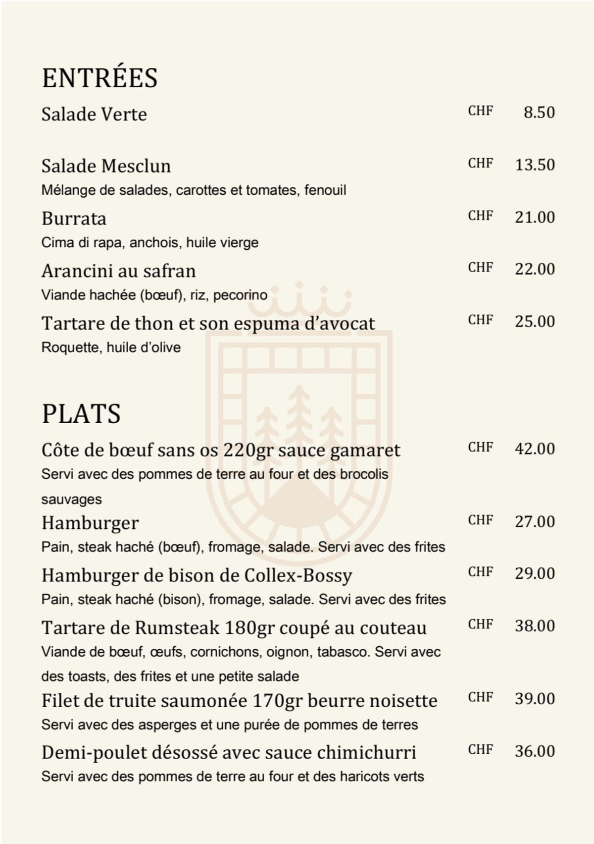 Auberge de la Couronne menu