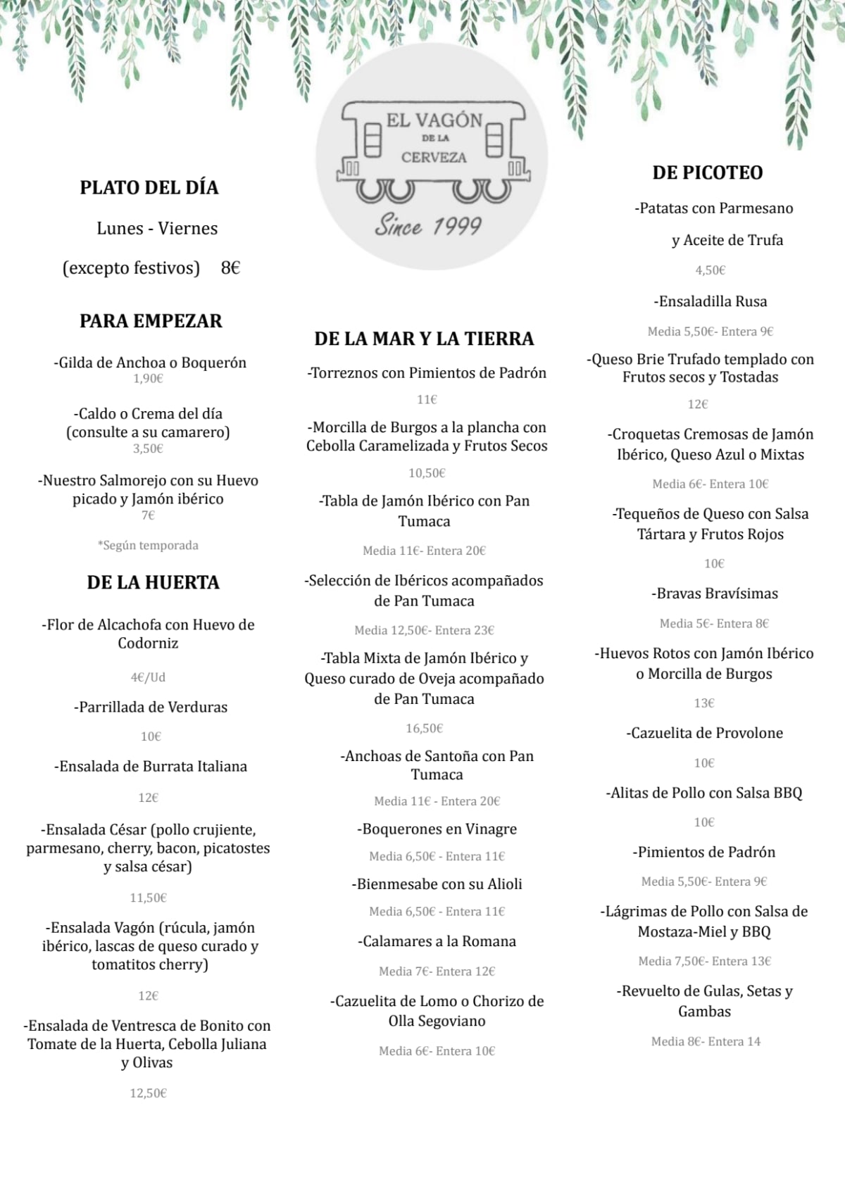 El Vagón de la Cerveza menu