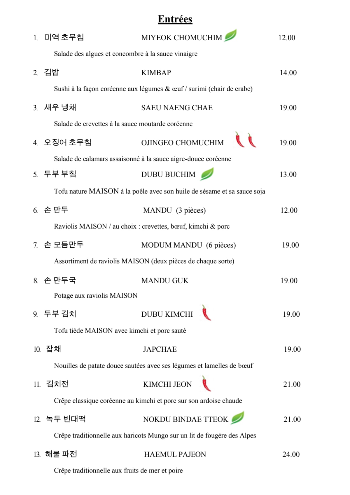 Kimchi menu