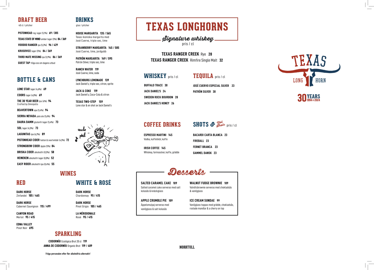 Texas Longhorn Norrtull menu