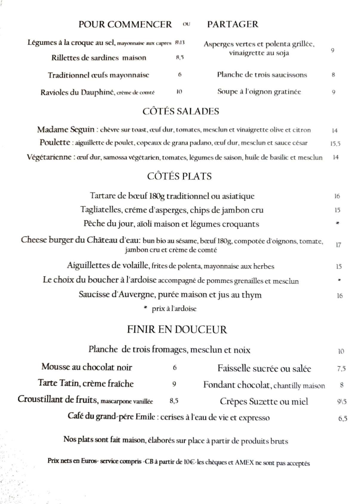 Le Petit Château D'eau menu