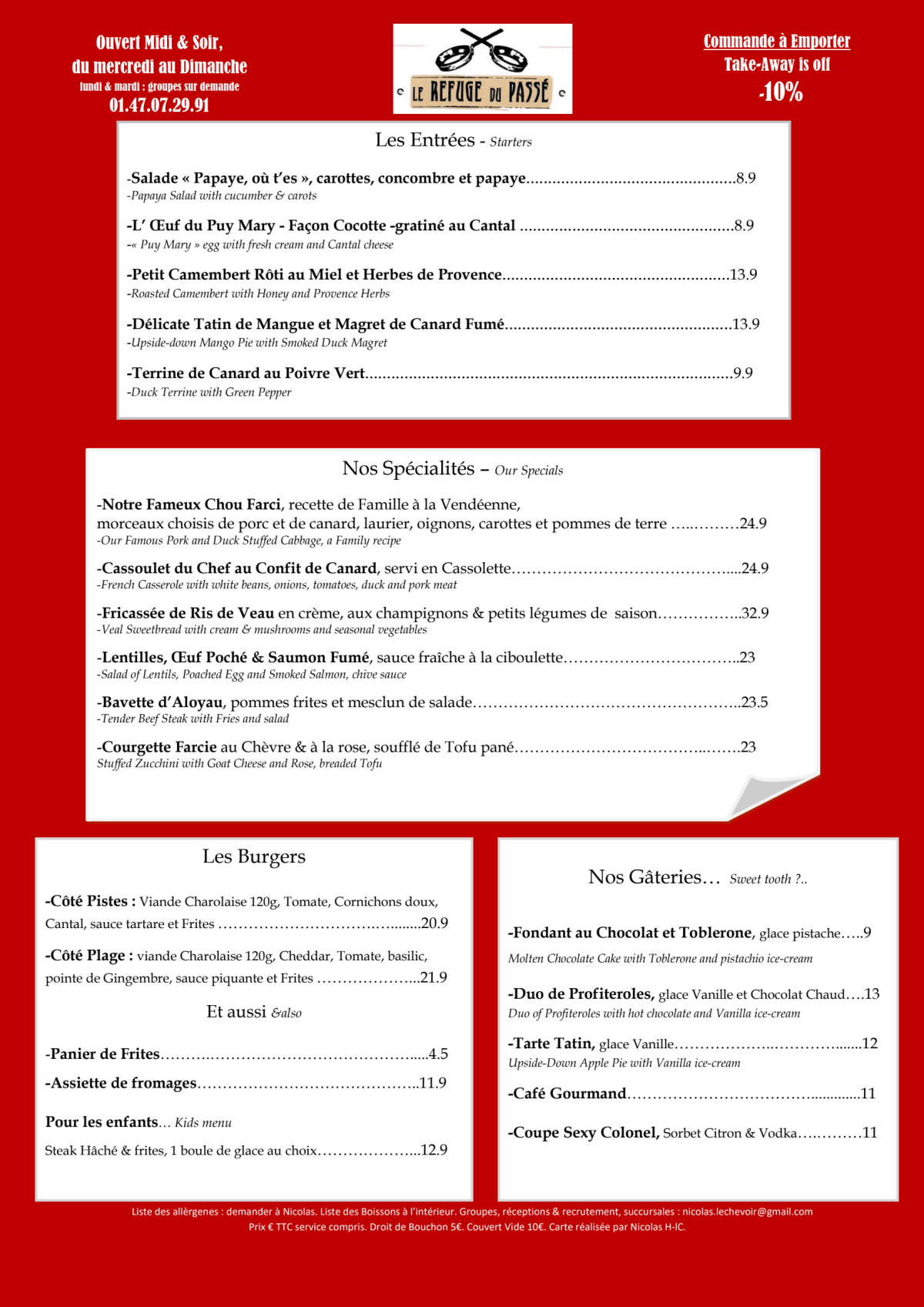 Le Refuge du Passé menu