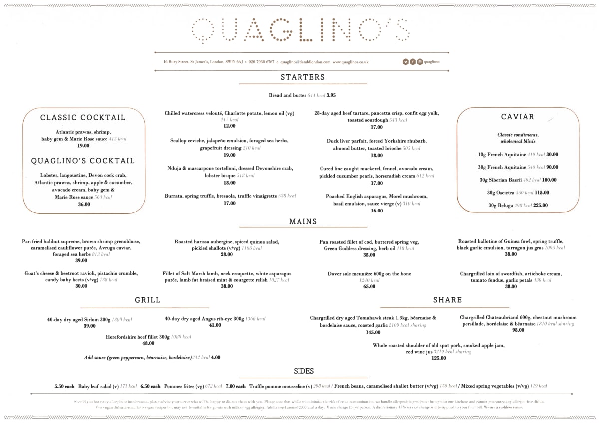 Carte et Menus 2023 Quaglino's à Londres TheFork