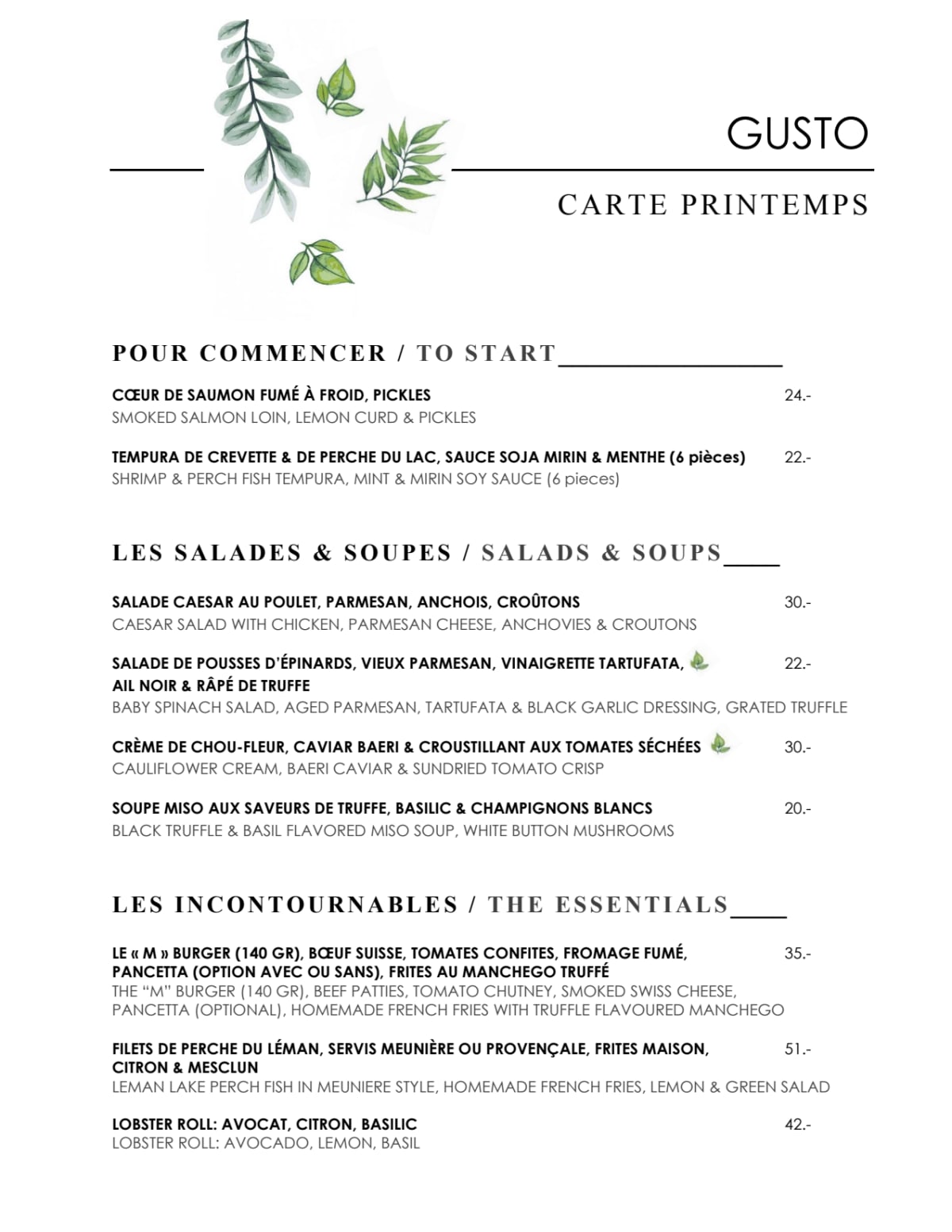 Le Gusto   - Hôtel Métropole Genève menu