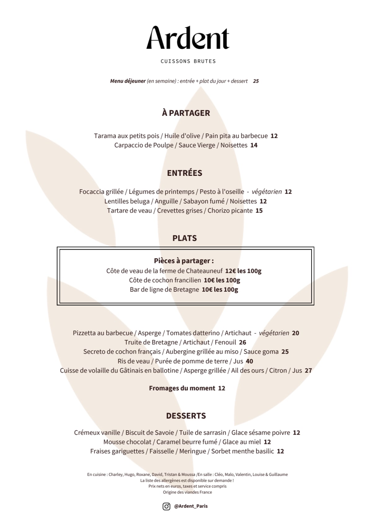 Ardent Paris menu