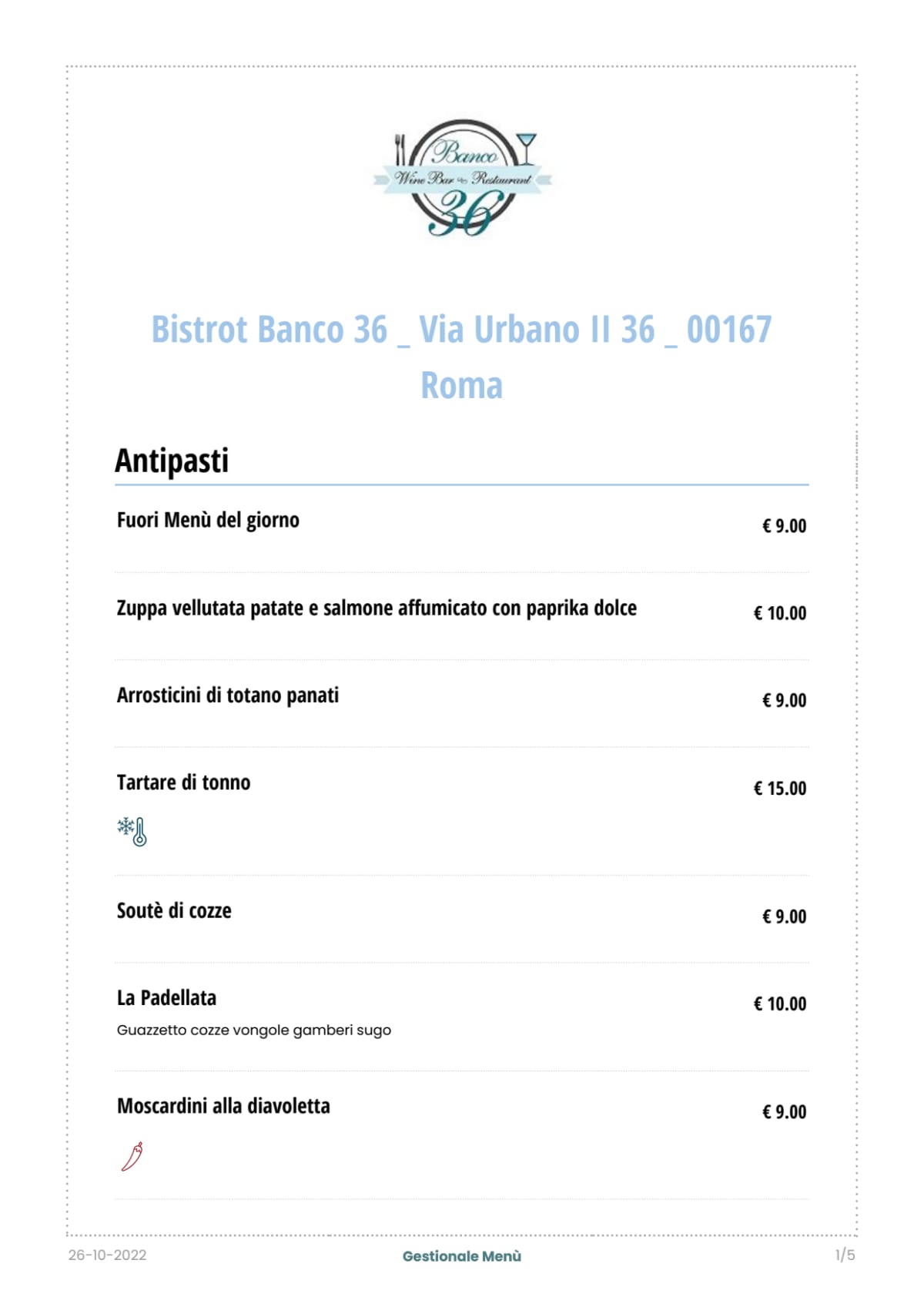 Banco 36 menu