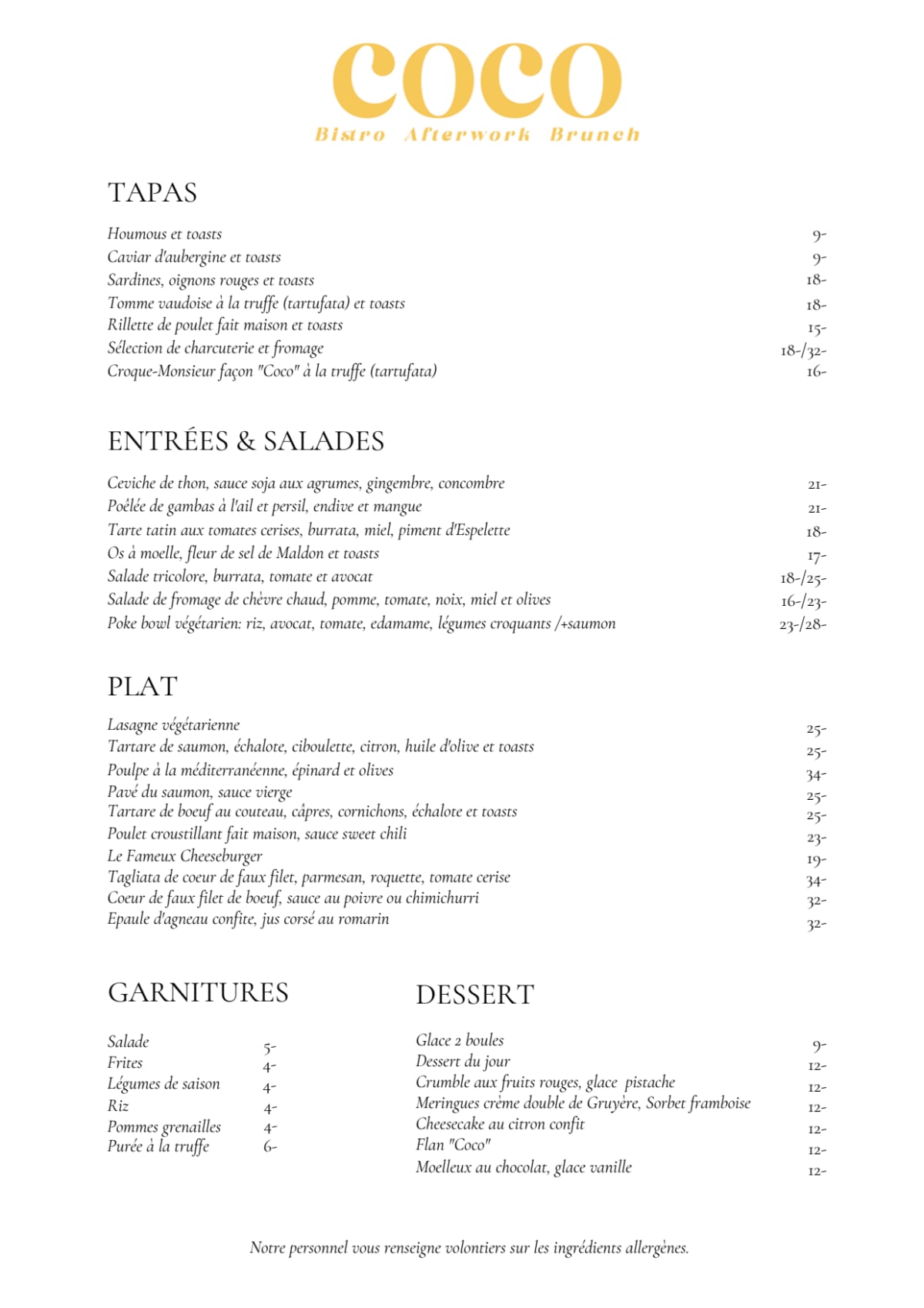 Bistro Coco menu