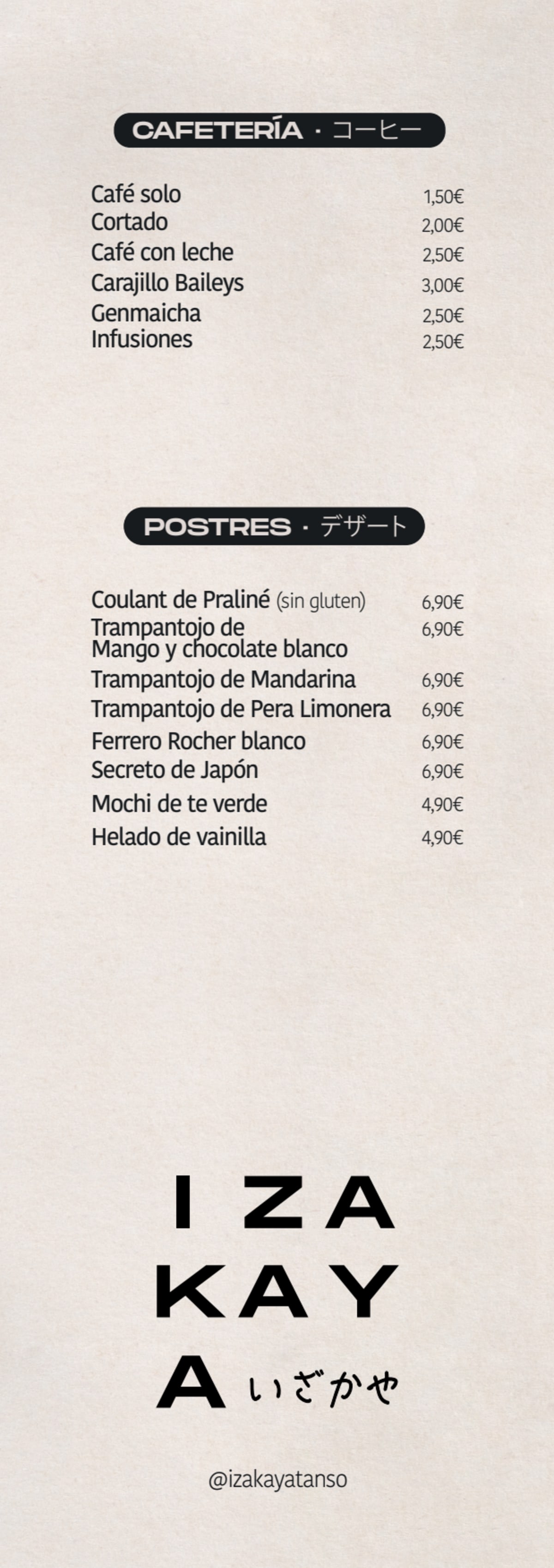 IZAKAYA TANSŌ- Mesa normal menu