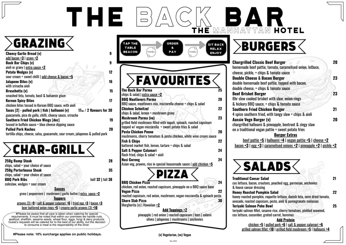 Menu 2024 The Manhattan Hotel Back Bar em Ringwood (VIC) TheFork
