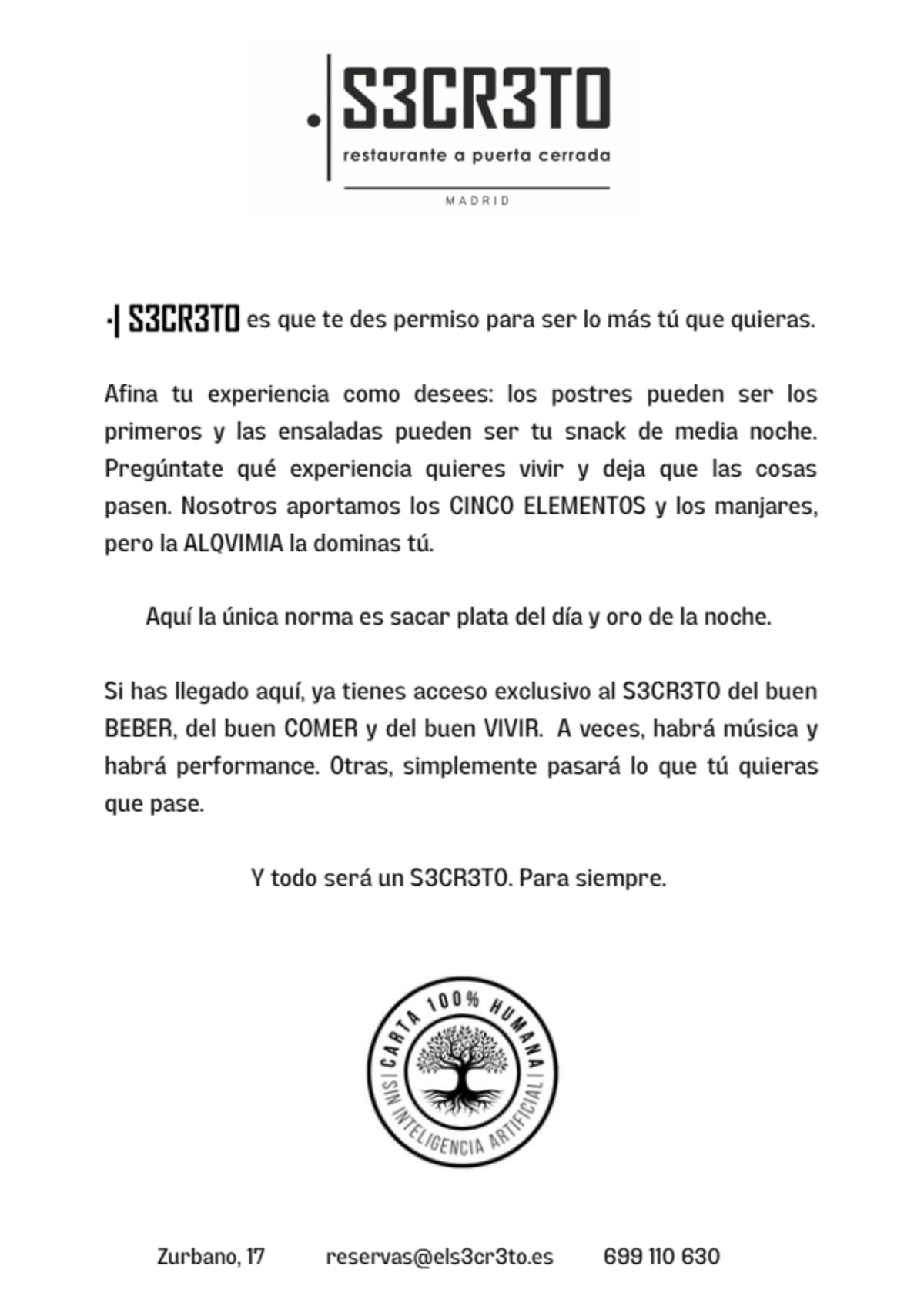 EL S3CR3TO Madrid menu