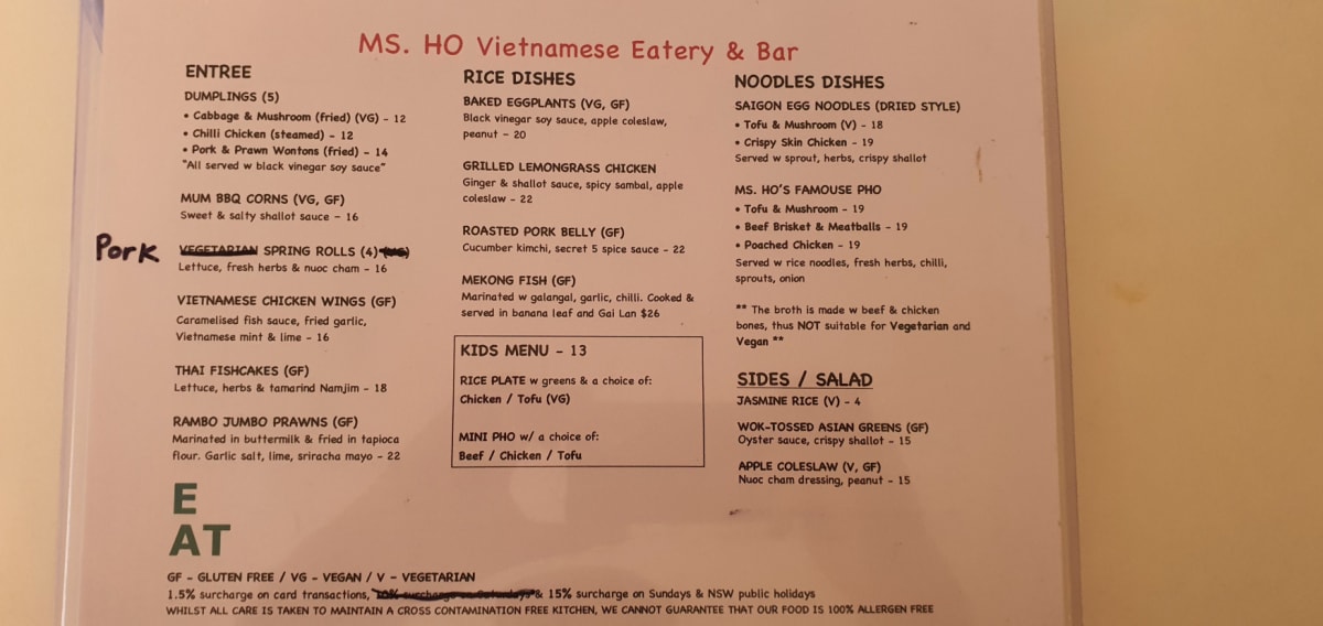 Menù completo e carta 2024 Ms. Ho Vietnamese Eatery & Bar a Suffolk