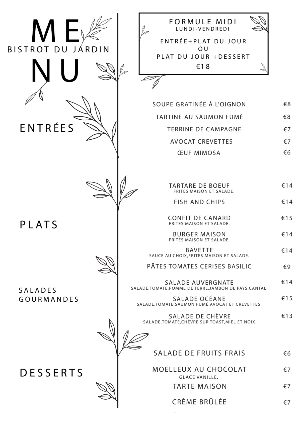 Bistrot du Jardin menu