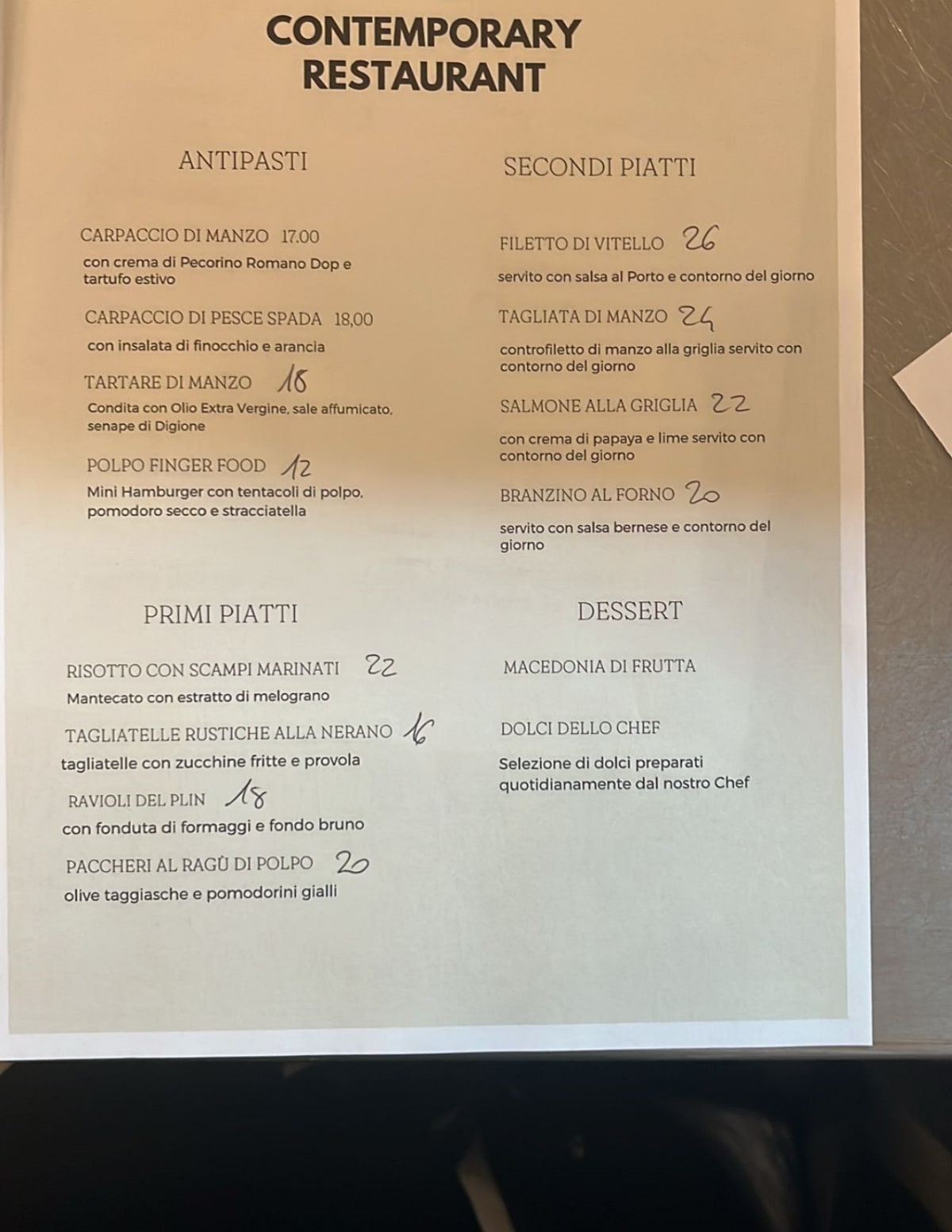 18 Contemporary menu