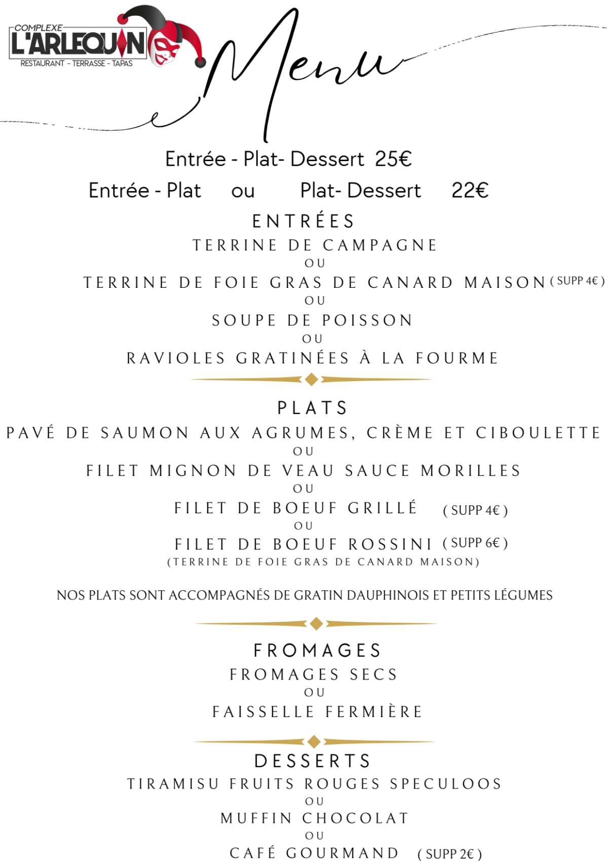 Menu du Réveillon 2024 – Restaurant – L'Arlequin