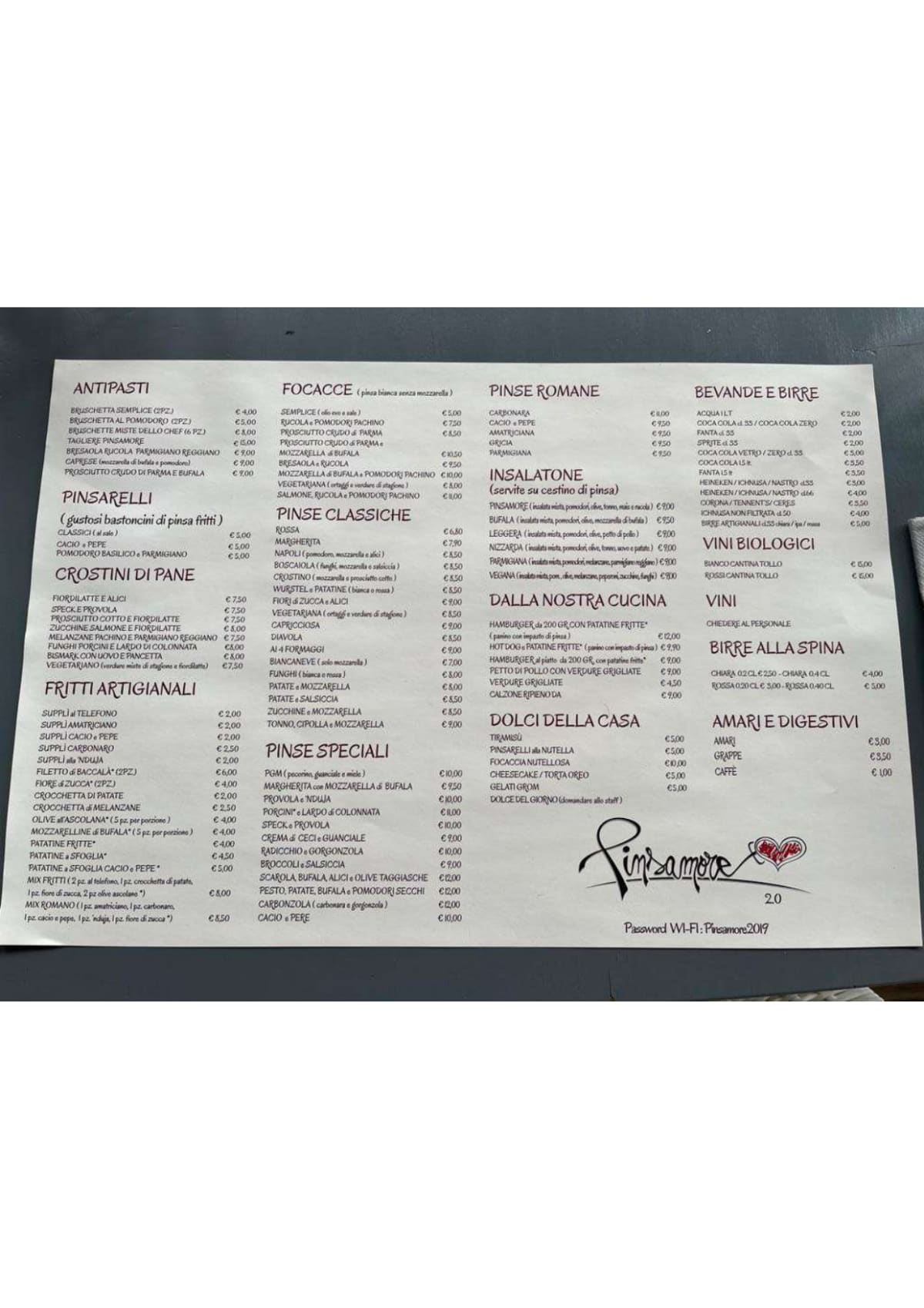 Pinsamore menu