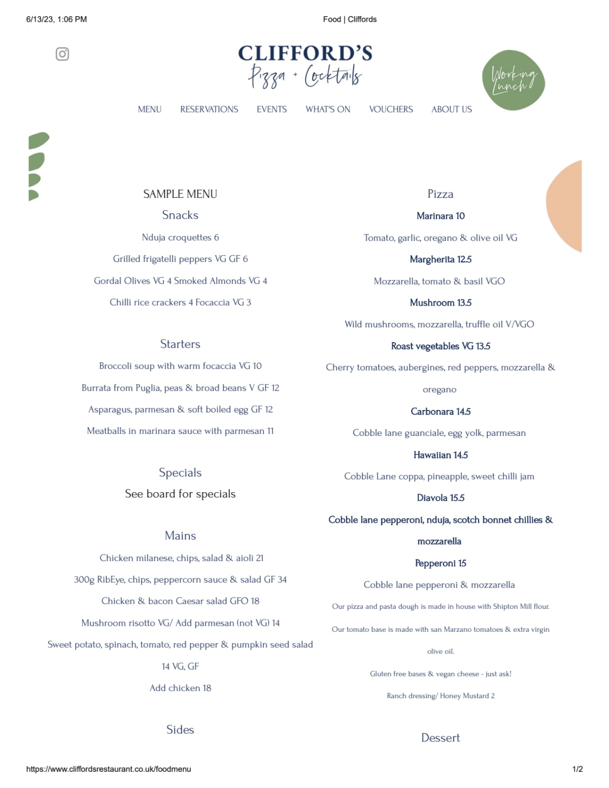 Carte et Menus 2024 Clifford's restaurant à Londres TheFork