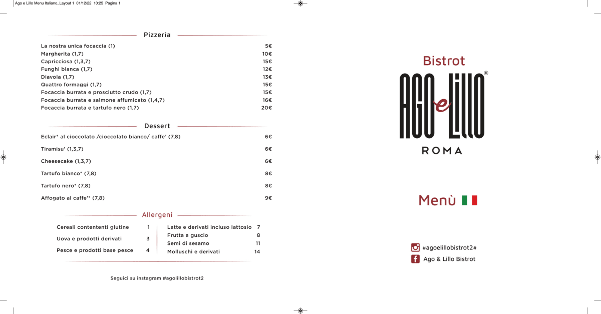 Ago e Lillo Bistrot menu