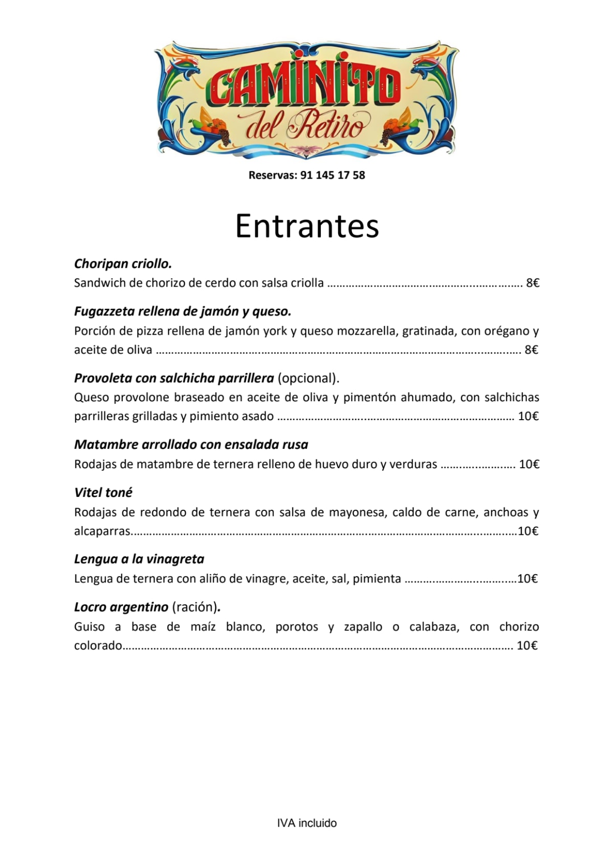 Caminito del Retiro menu