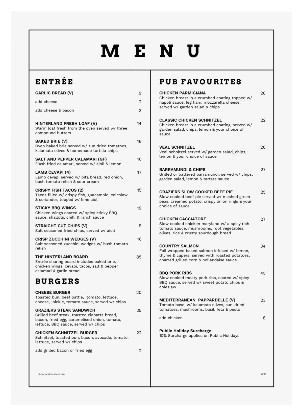 Carte et Menus 2024 Hinterland Hotel à Nerang TheFork