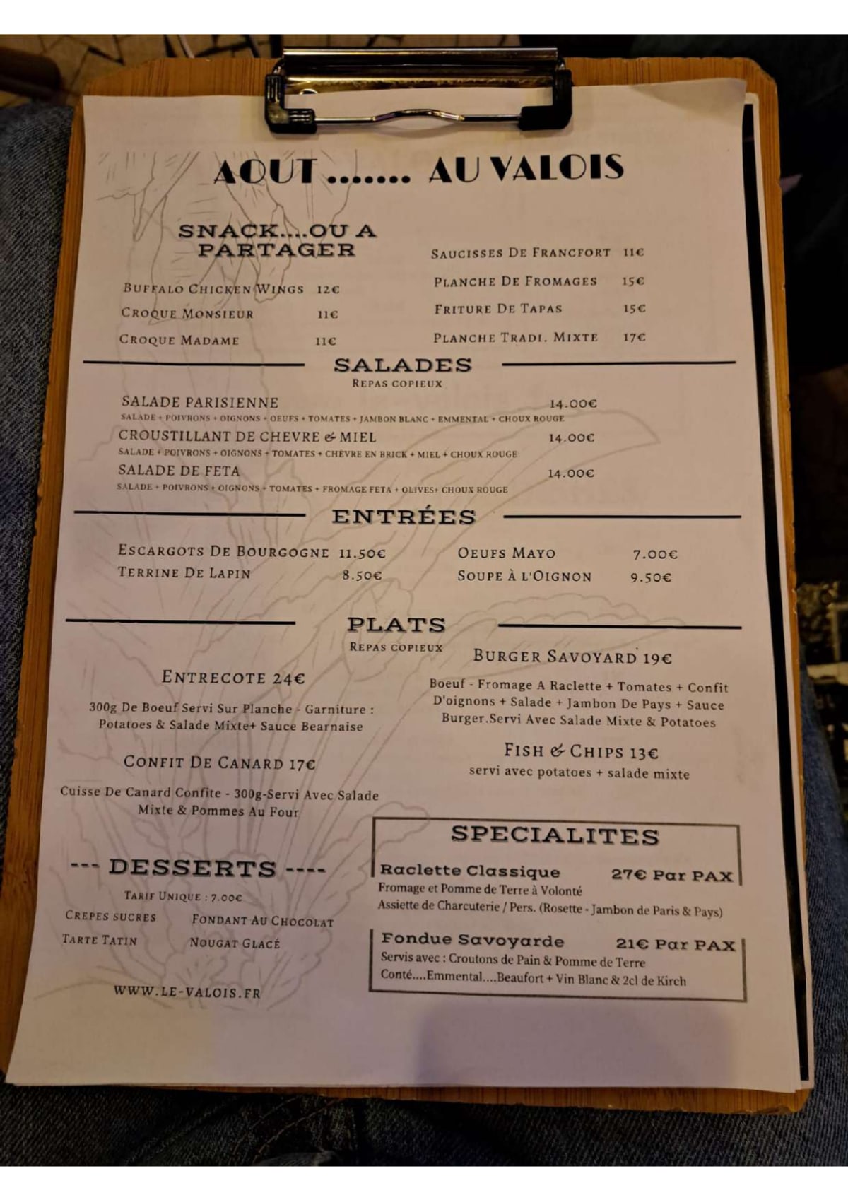 Le Valois menu