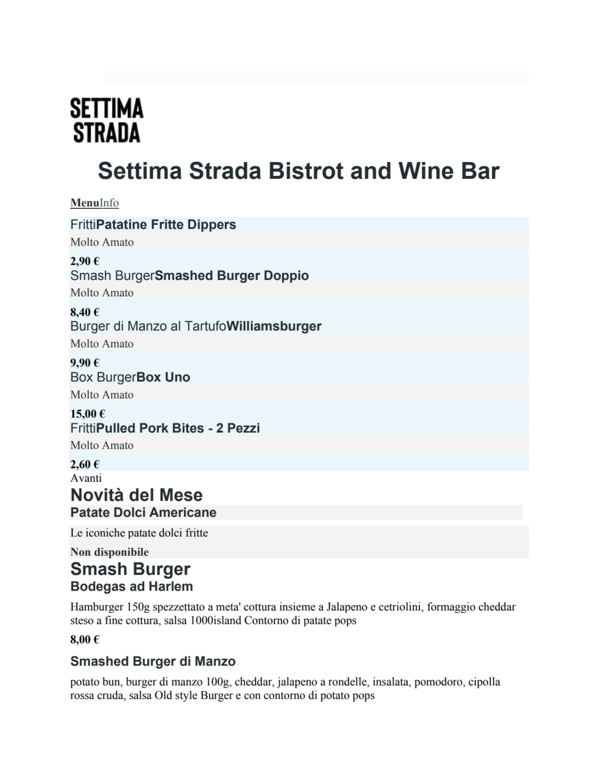 Settima Strada - Wine Bar menu