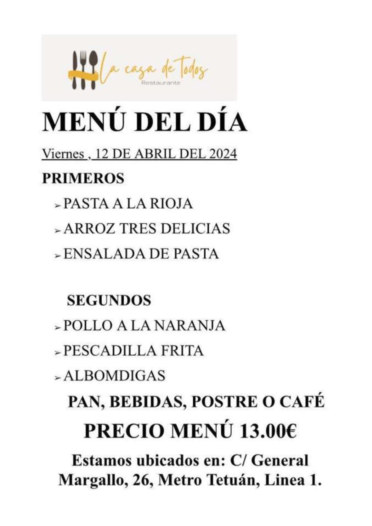 La casa de todos menu