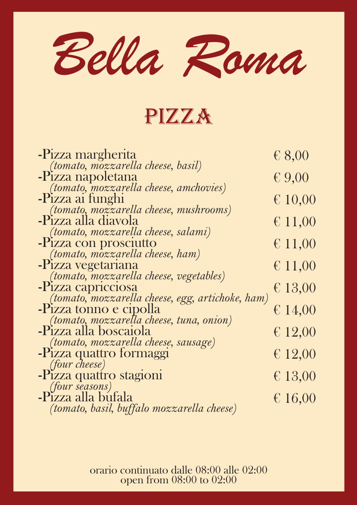 Bella Roma Ristorante Pizzeria menu