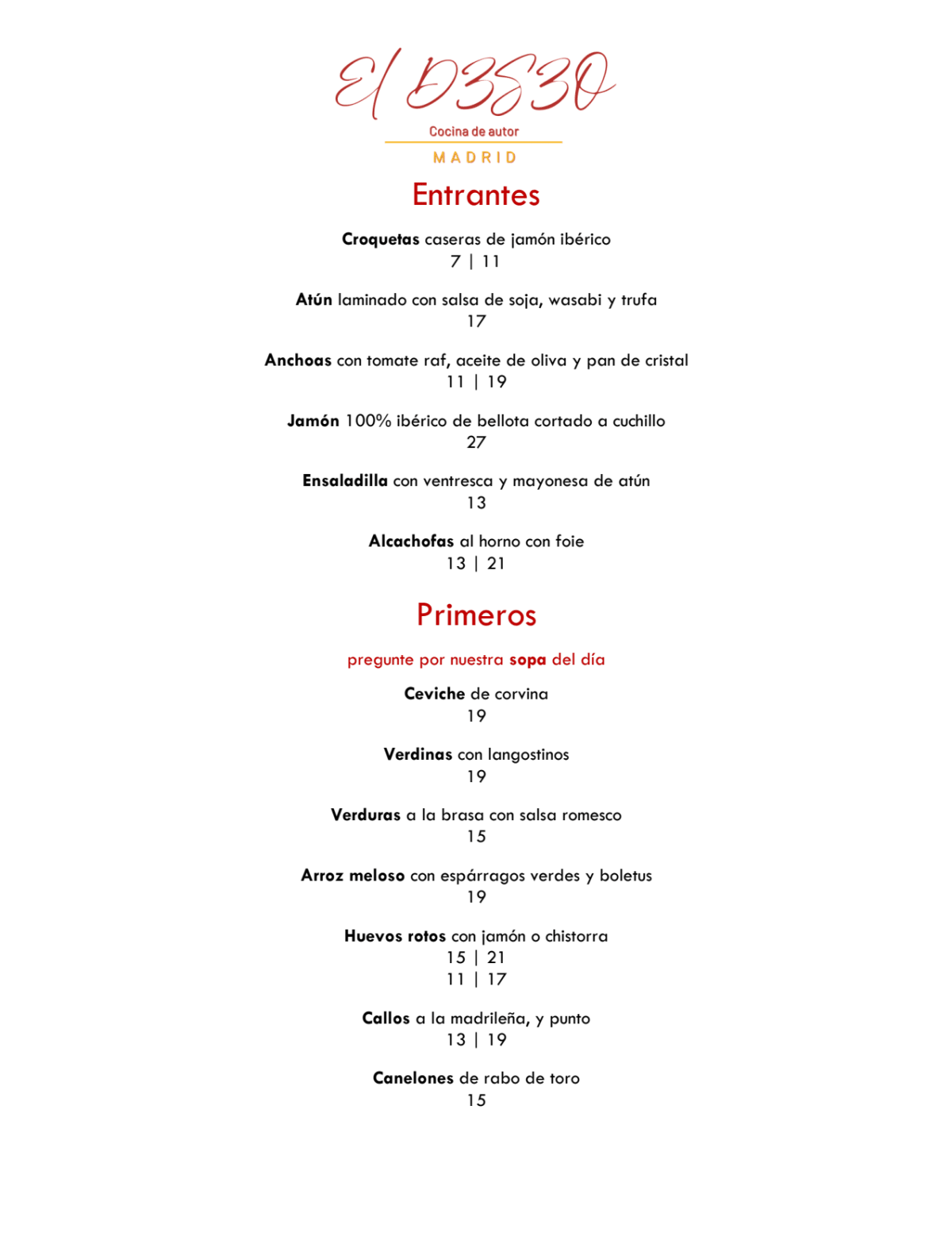 El D3S3O. Madrid menu