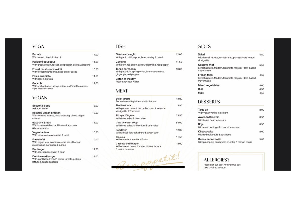 Carte et Menus 2024 Grand Café Cascada à Amsterdam TheFork