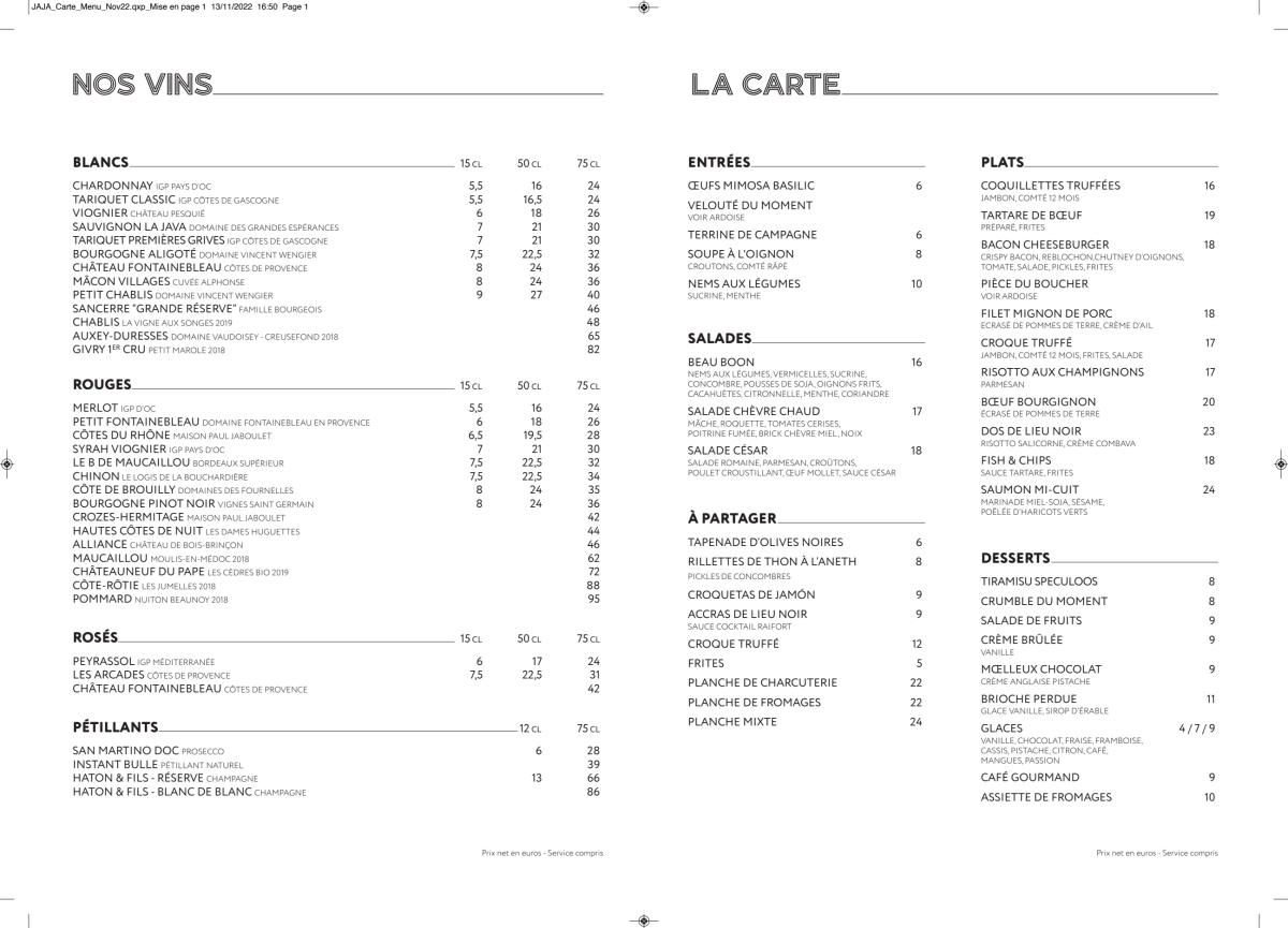 Menu 2024 Brasserie JAJA in Paris TheFork
