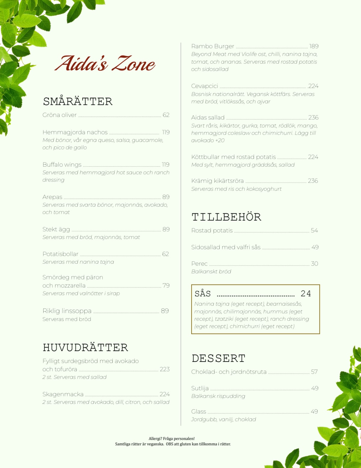 Aida´s Zone menu