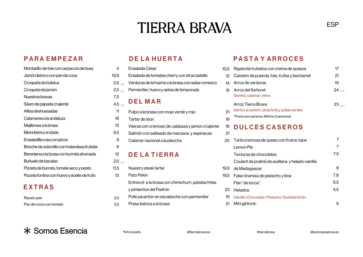 Tierra Brava menu