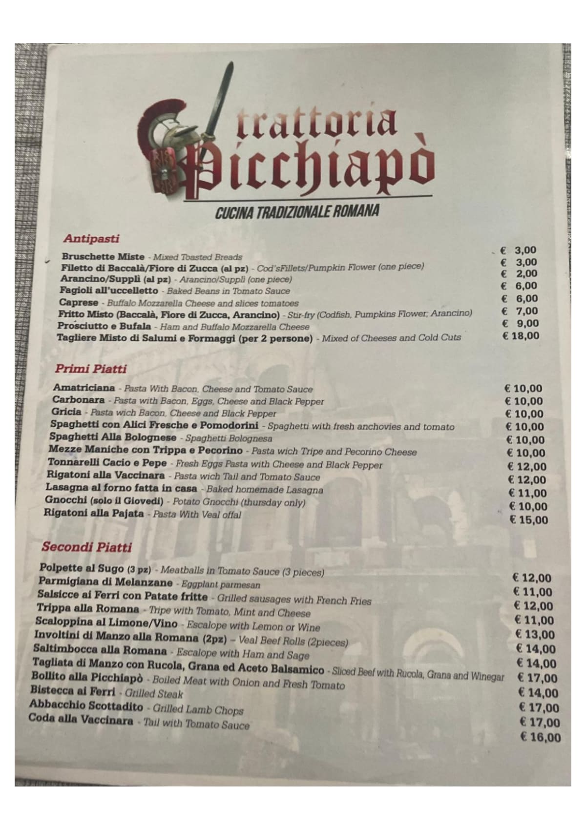 Picchiapo menu