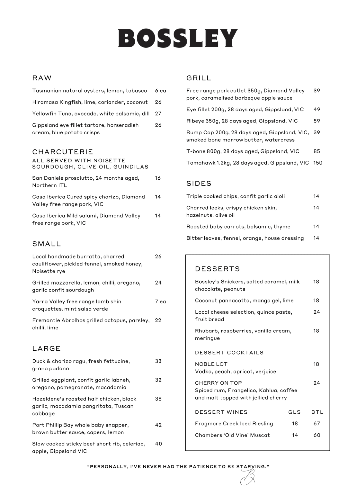 Menu 2024 Bossley Bar and Restaurant em Melbourne (VIC) TheFork