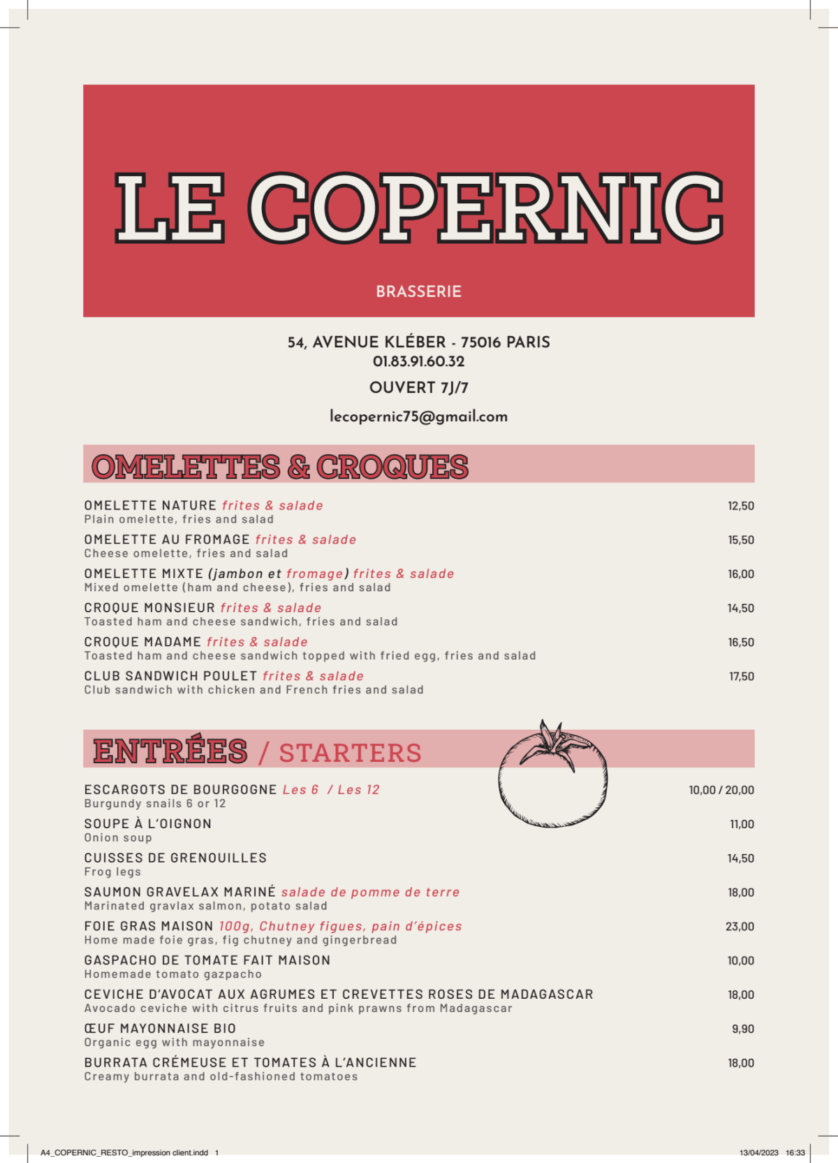 Le Copernic menu