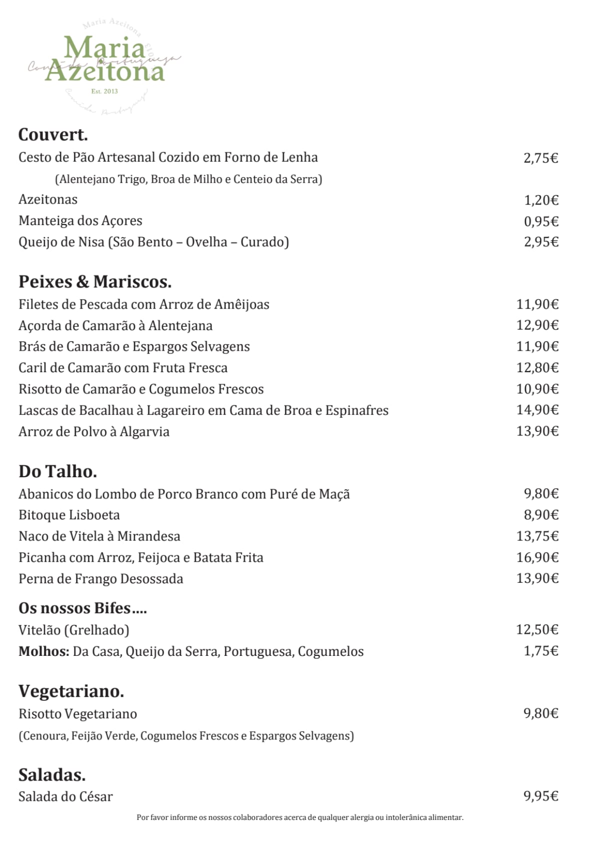 Maria Azeitona - Campo Pequeno menu