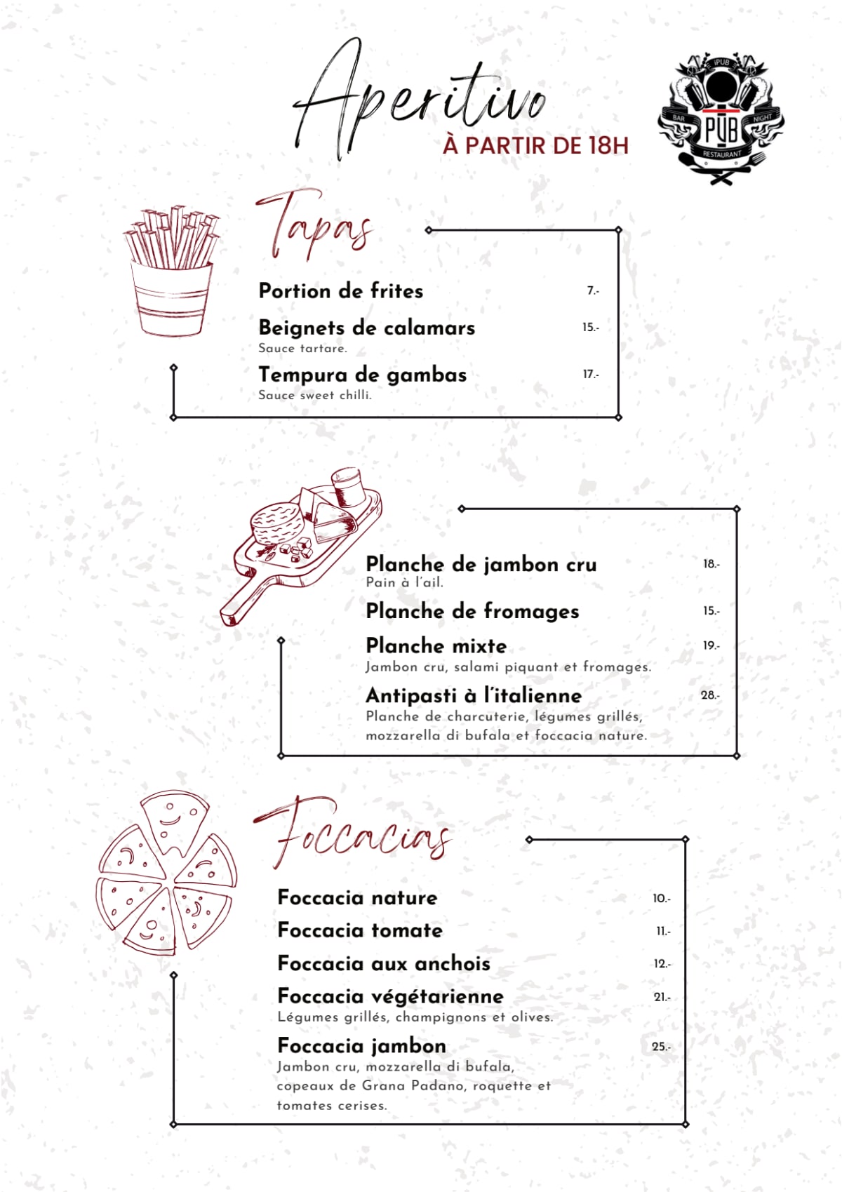 Italian Pub & Restaurant menu