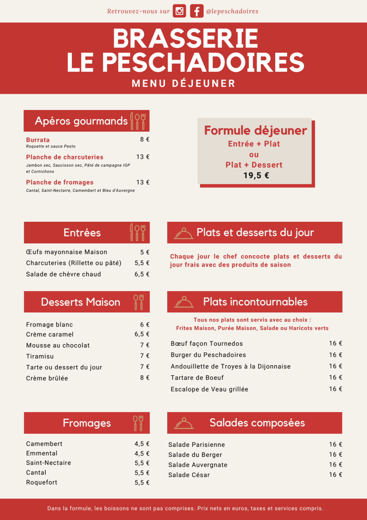 Brasserie le Peschadoires menu