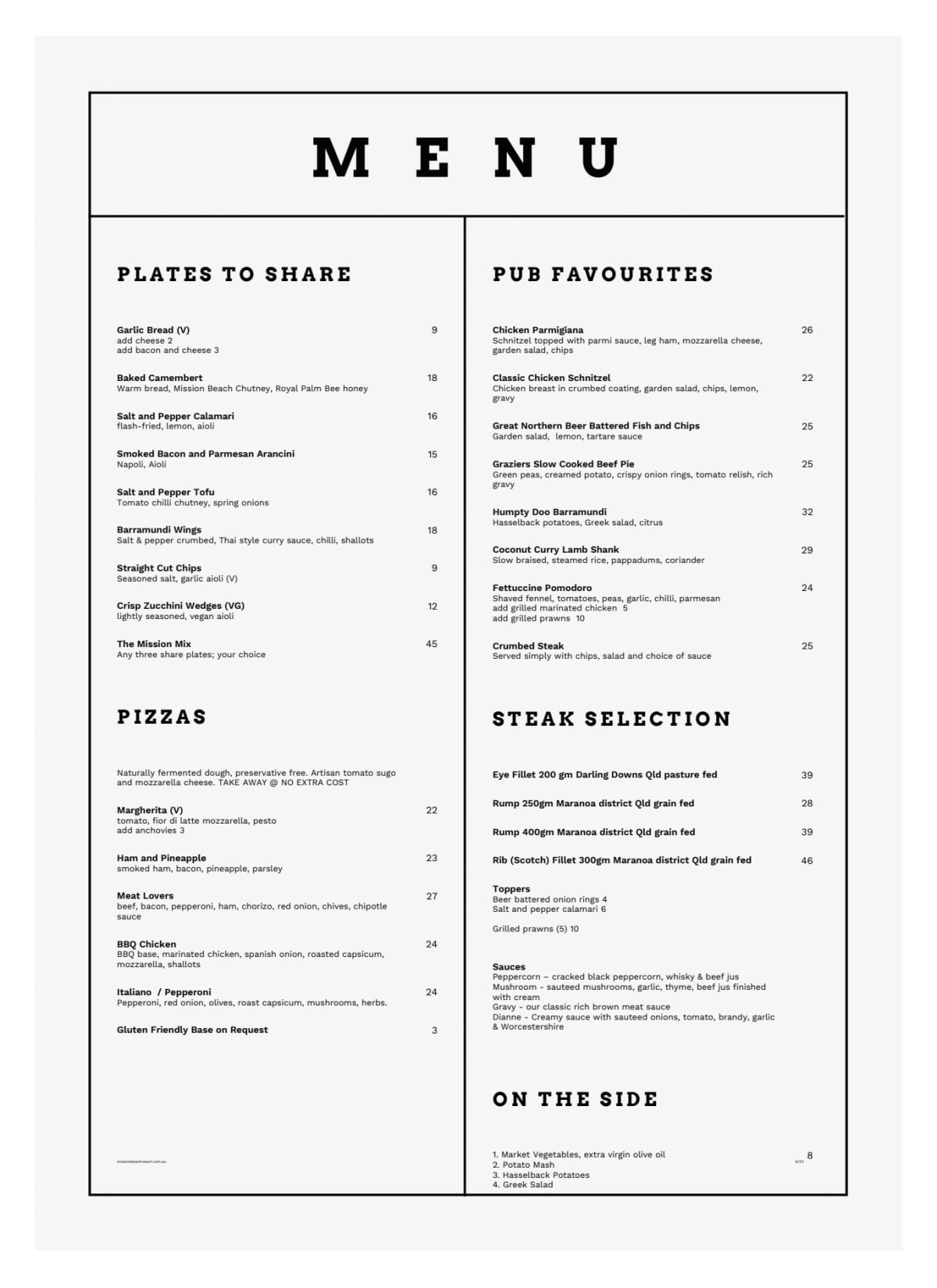 Carte et Menus 2024 Mission Beach Resort à Wongaling Beach TheFork